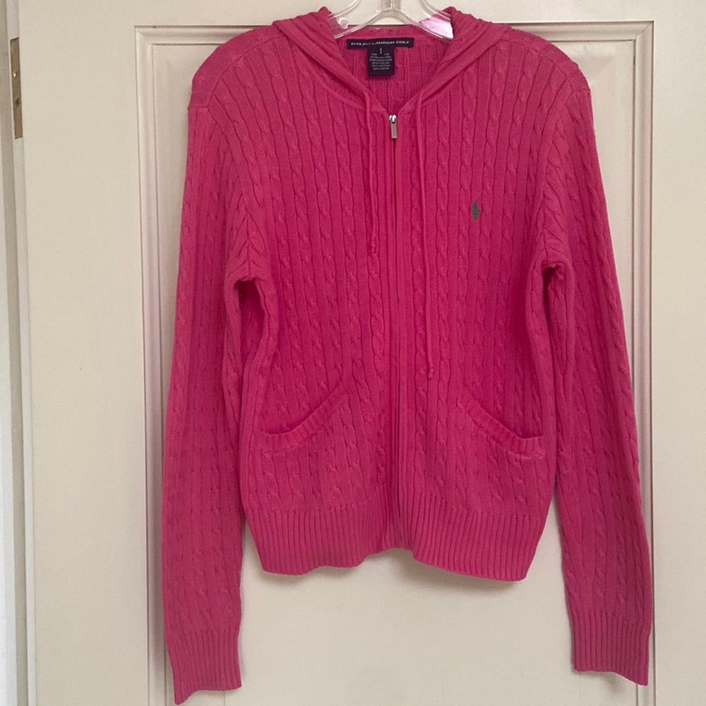 Ralph Lauren hot pink sweater with a hoodie, zipper all the way in front